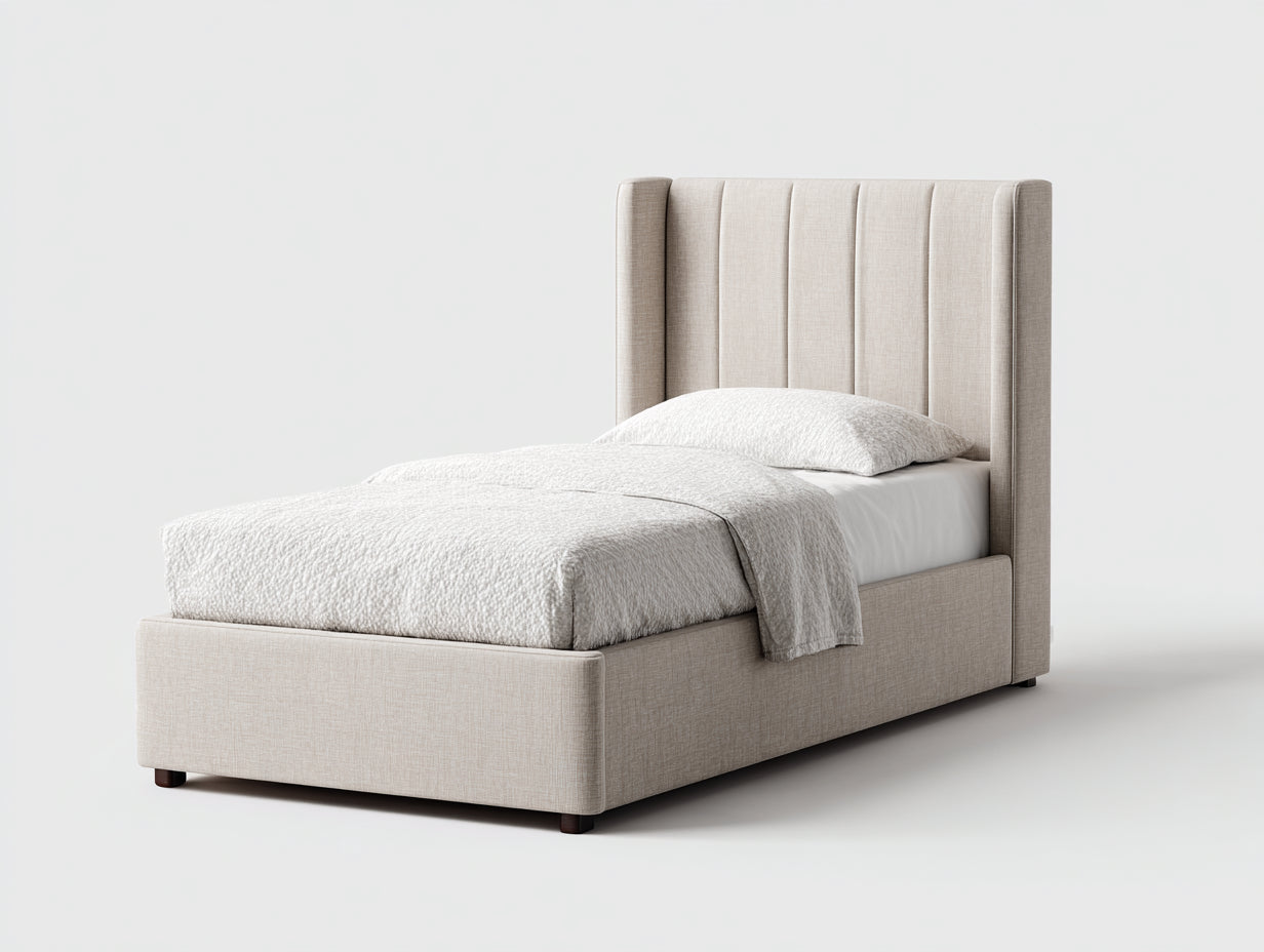 Lit simple - tissu-bois - 214x103x128 cm - beige ivoire - contemporain
