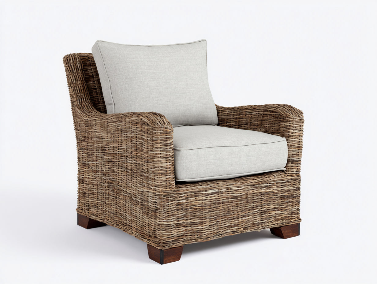Fauteuil de jardin - rotin-bois-tissu - 92x86x84 cm - marron naturel-gris clair - style bohème