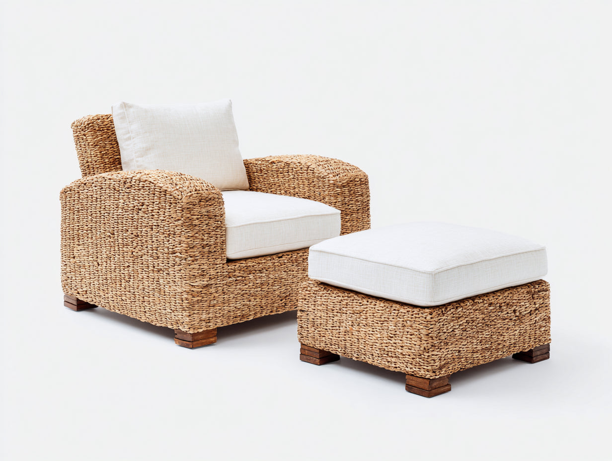 Fauteuil de jardin - rotin-bois-tissu - 94x88x82 cm - marron naturel-beige-bois foncé - style bohème
