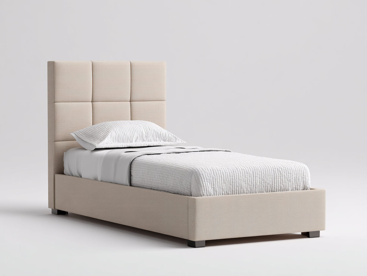 Lit simple - tissu-bois - 210x100x123 cm - beige naturel - géométrique moderne