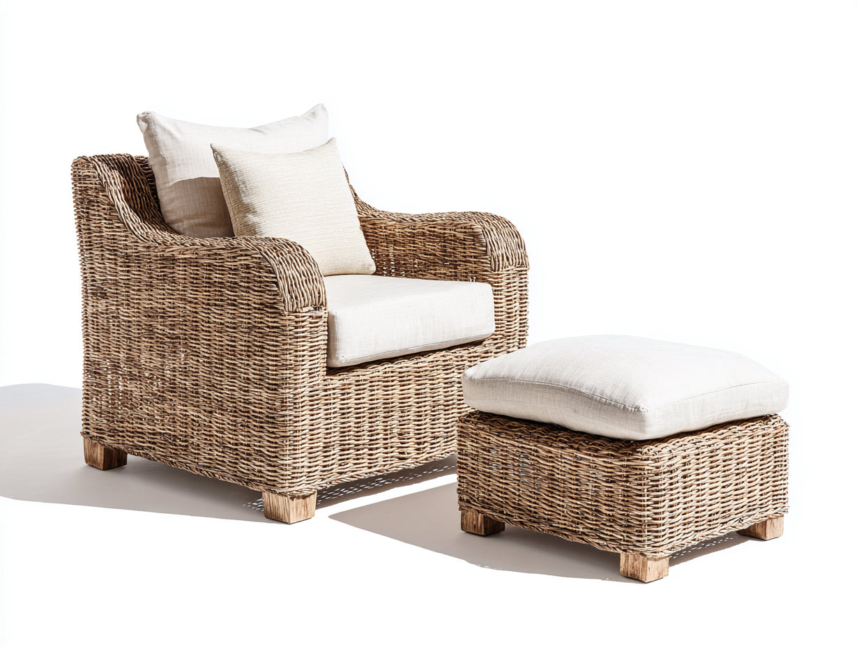 Fauteuil de jardin - rotin-bois-tissu - 90x88x82 cm - beige naturel-marron clair - style bohème