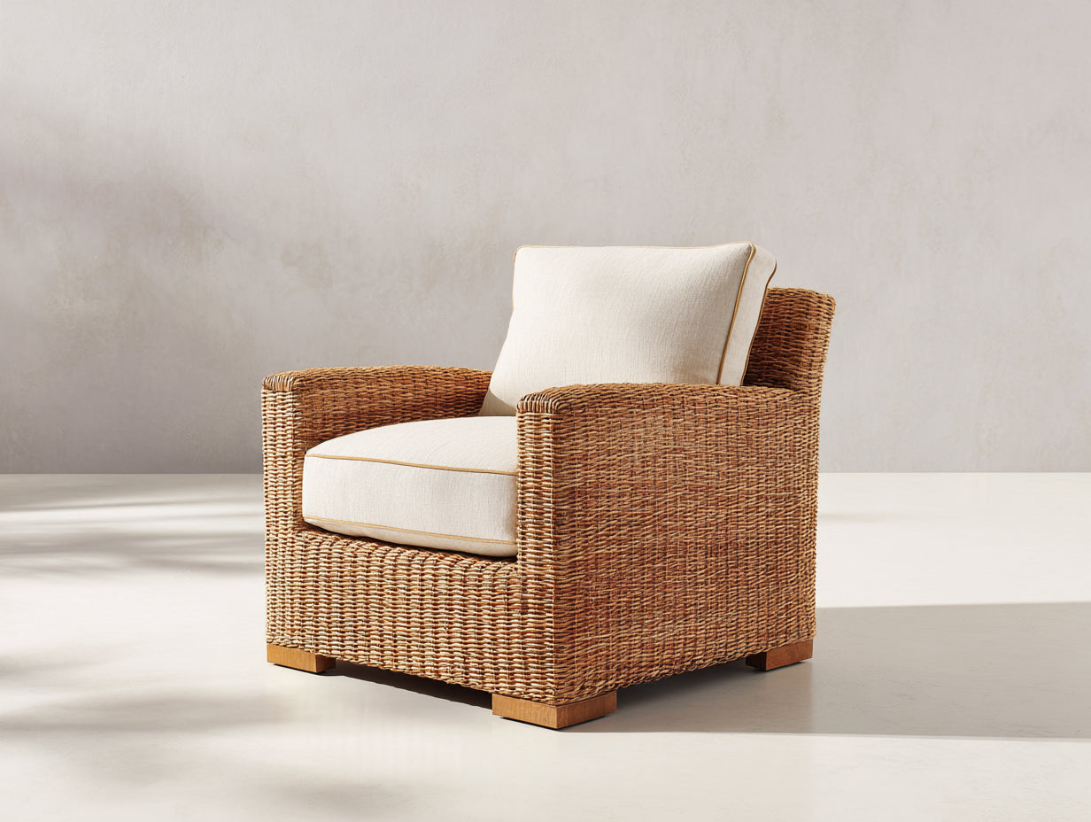 Fauteuil de jardin - rotin-bois-tissu - 92x88x84 cm - marron naturel-beige - style bohème