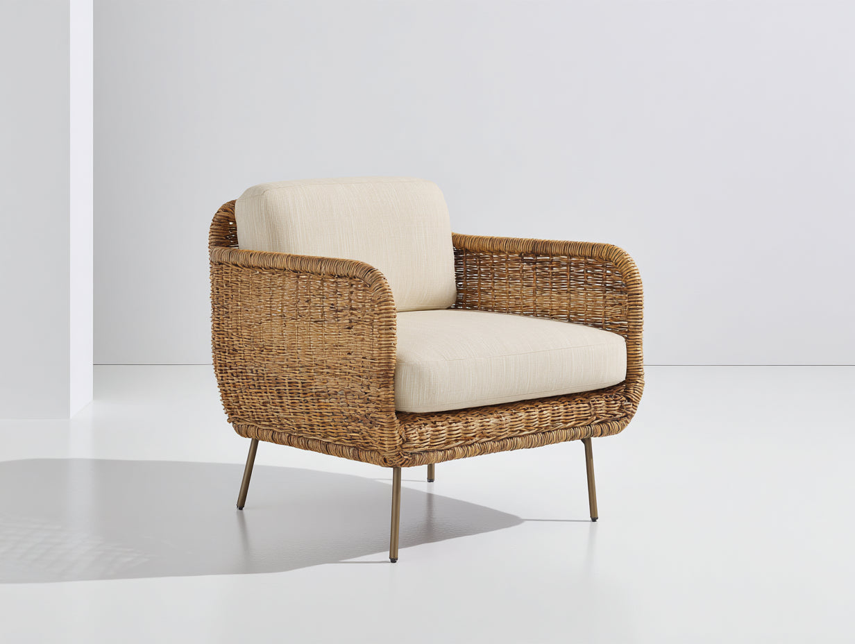 Fauteuil de jardin - rotin-métal-tissu - 86x78x76 cm - marron naturel-beige - style naturel contemporain