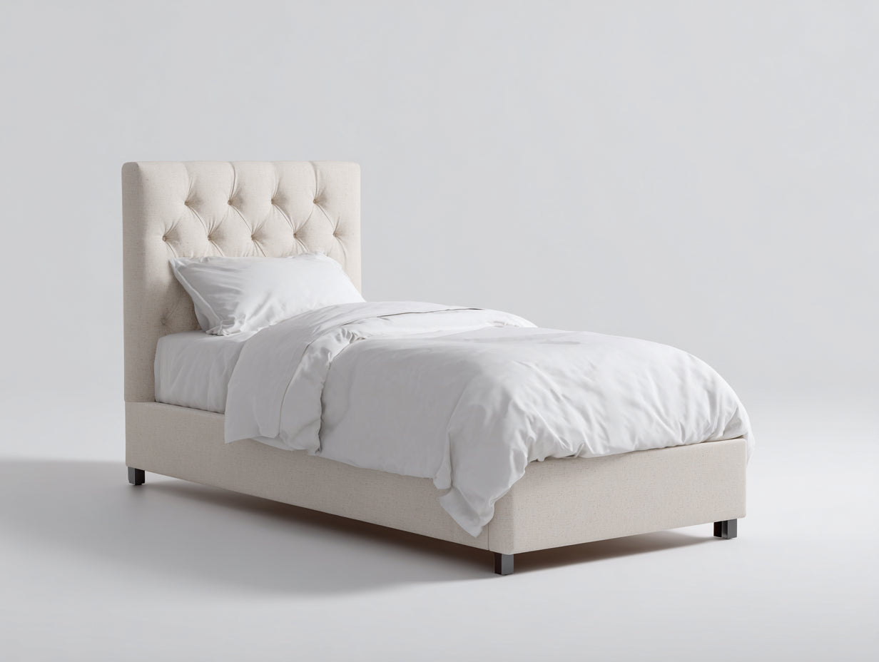 Lit simple - tissu-bois - 210x102x122 cm - beige crème - capitonné