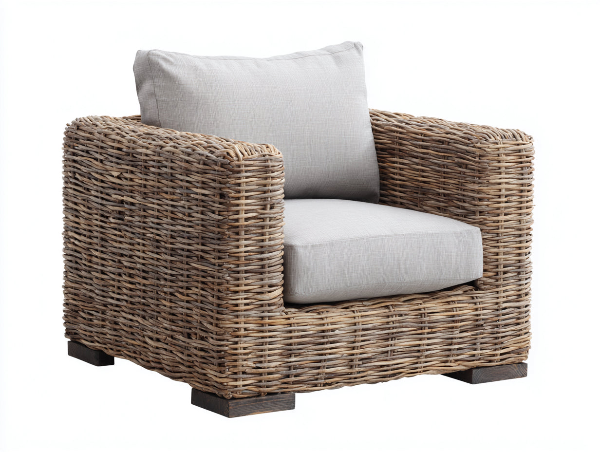Fauteuil de jardin - rotin-bois-tissu - 94x88x80 cm - brun naturel-gris clair-bois foncé - style rustique