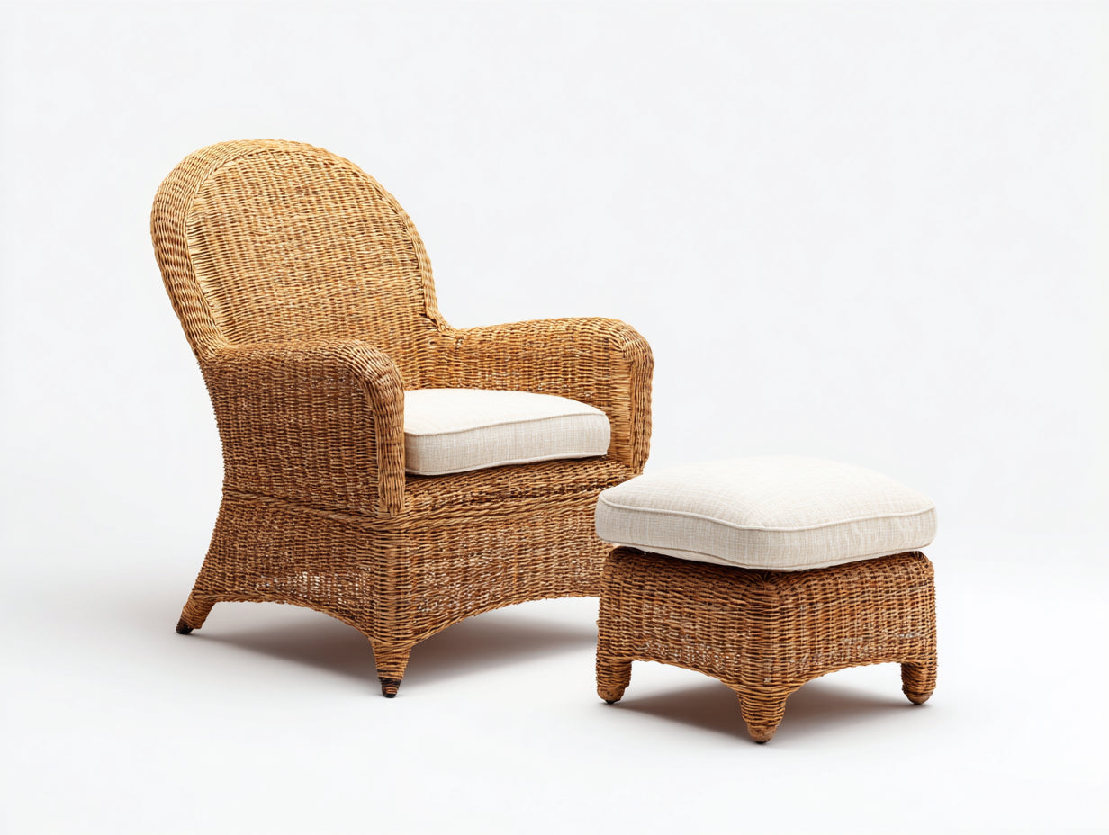 Fauteuil de jardin - rotin-tissu - 82x76x98 cm - marron naturel-beige - style vintage