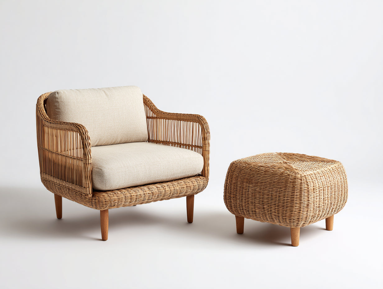 Fauteuil de jardin - rotin-bois-tissu - 84x76x78 cm - marron naturel-beige - style bohème