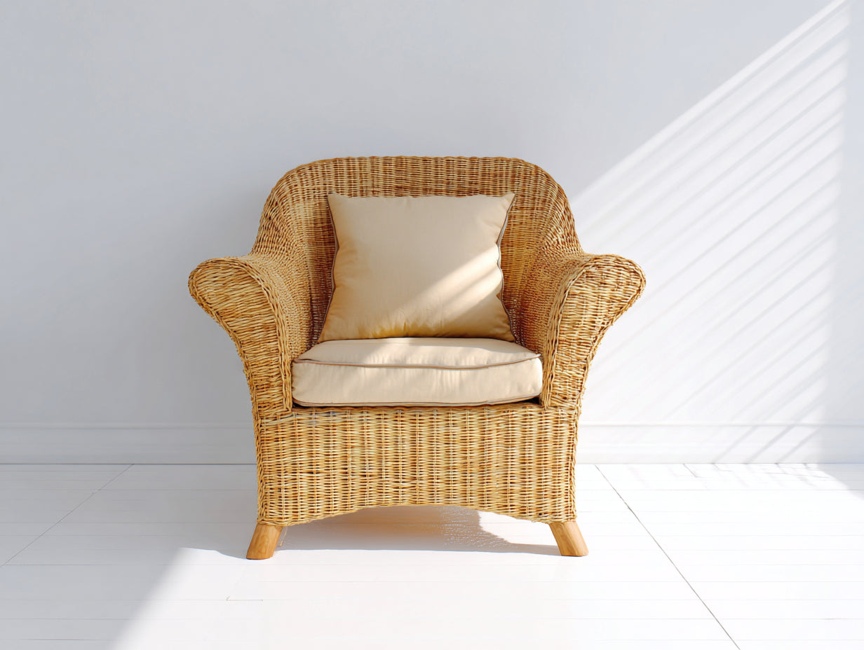 Fauteuil de jardin - rotin-bois-tissu - 82x76x86 cm - miel naturel-beige-bois naturel - style vintage