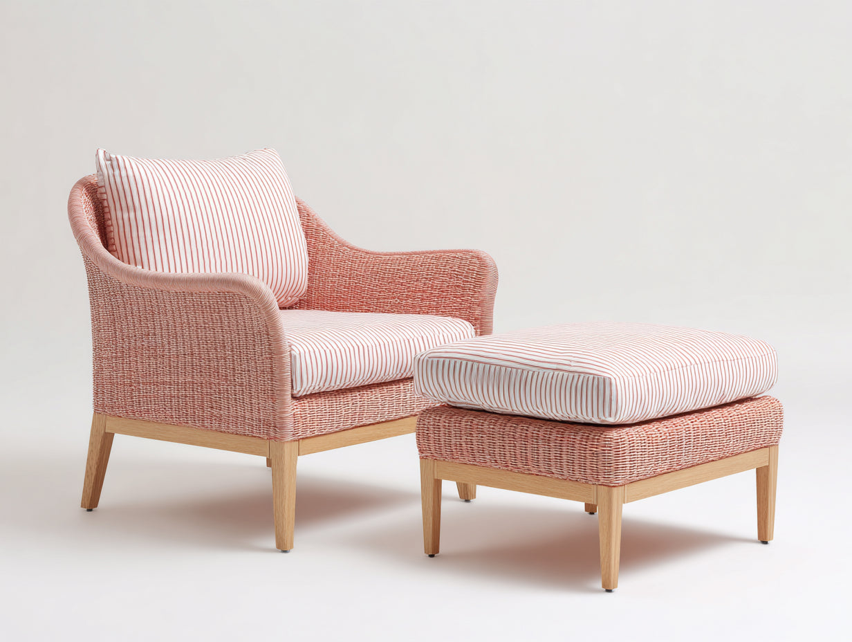 Fauteuil de jardin - rotin-bois-tissu - 84x76x78 cm - rose clair-bois naturel-blanc - style bohème