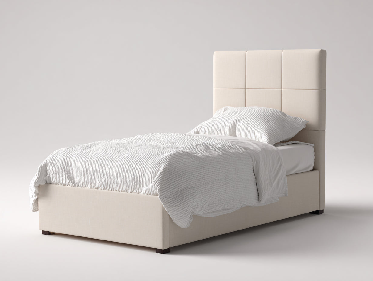 Lit simple - tissu-bois - 212x102x129 cm - blanc cassé - géométrique contemporain