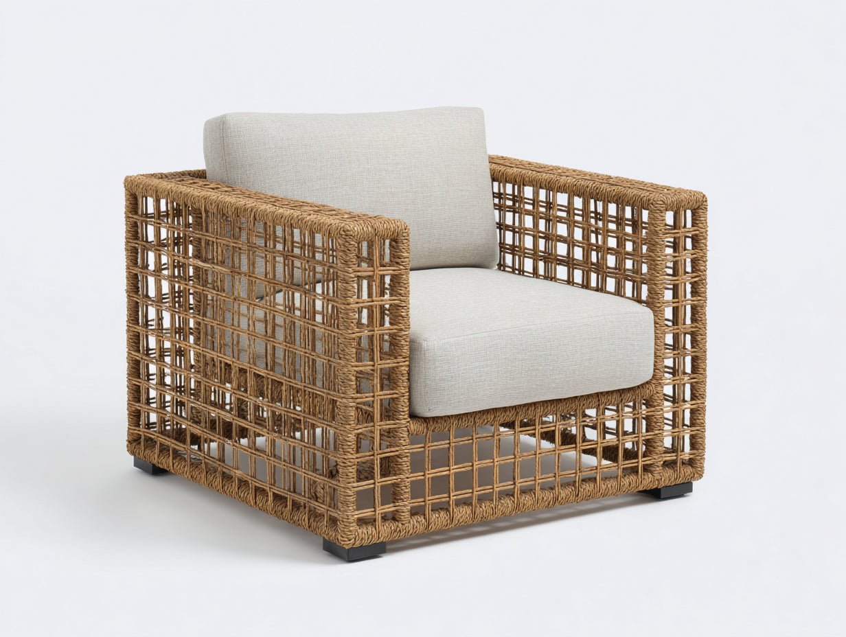 Fauteuil de jardin - rotin-tissu - 96x88x78 cm - marron naturel-beige clair - style contemporain
