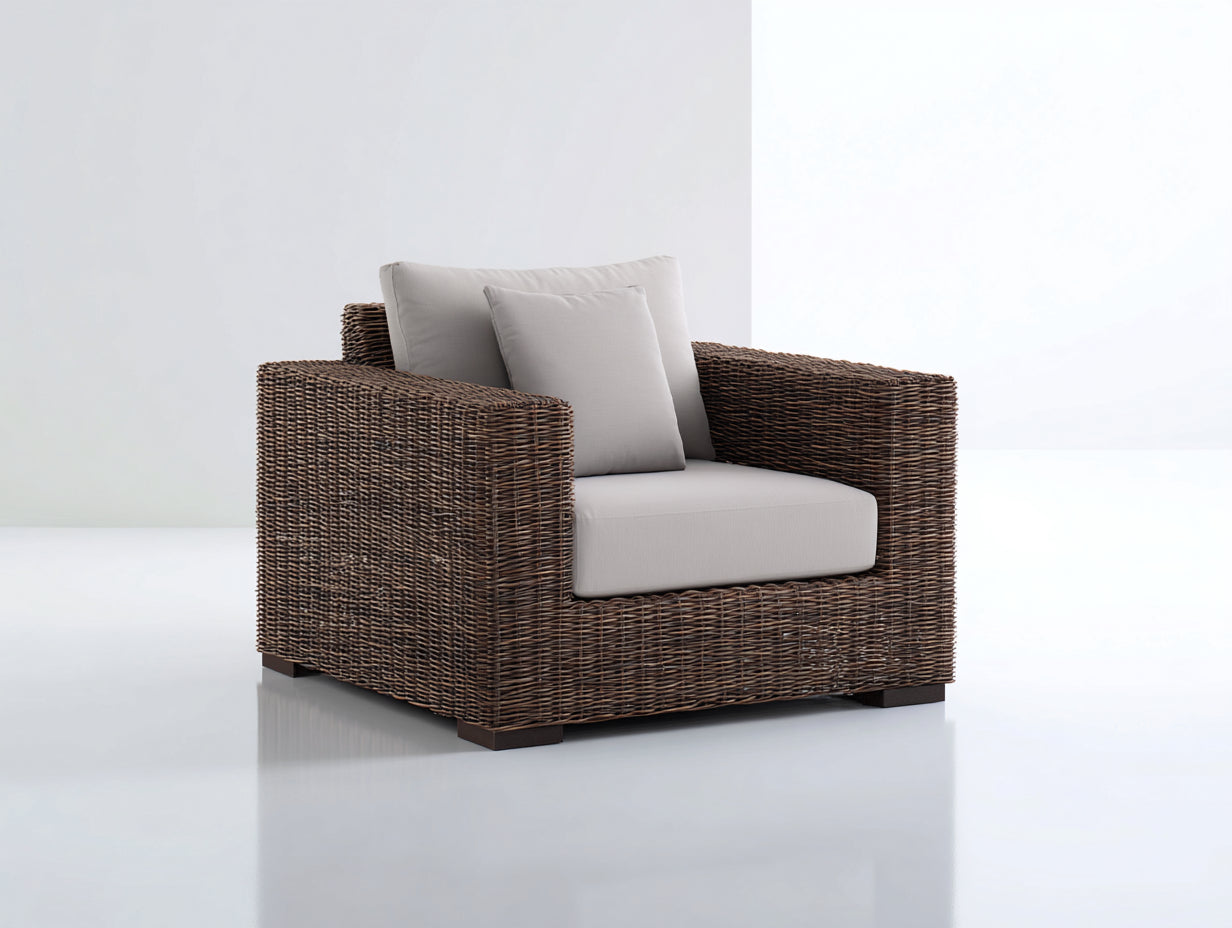 Fauteuil de jardin - rotin-bois-tissu - 96x90x82 cm - marron foncé-gris clair-bois foncé - style contemporain