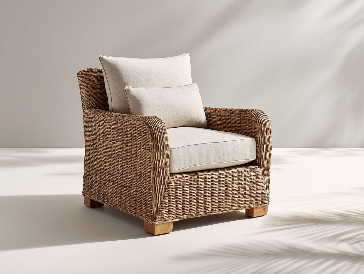 Fauteuil de jardin - rotin-bois-tissu - 90x86x86 cm - marron naturel-beige - style naturel